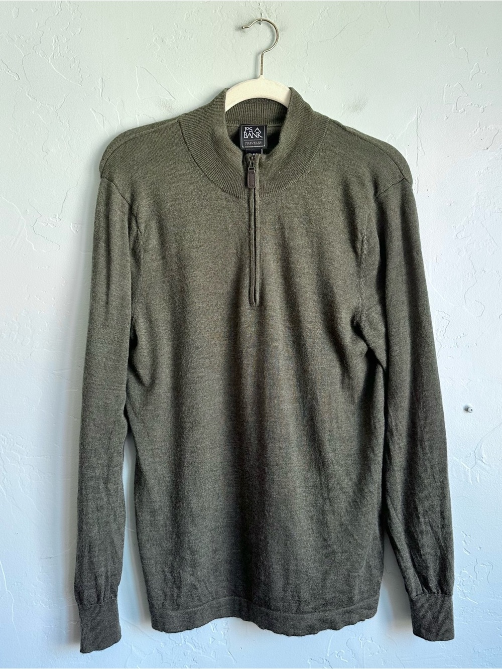 Jos. A. Bank Men's Olive Green 1/4-Zip Sweater 100% Merino Wool Med. Preppy Fall